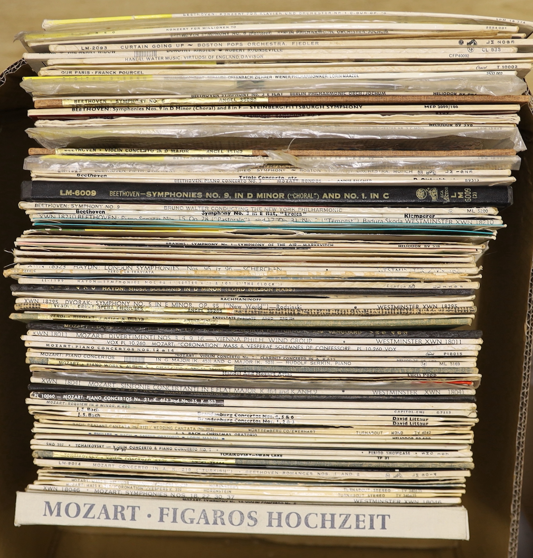 A collection of LPs including 1970's rock, classical recordings, box sets, etc, including; The Beatles, Queen, The Carpenters, Dionne Warwick, ABBA, Dave Brubeck, The Beach Boys, Haydn symphonies, Beethoven symphonies, o